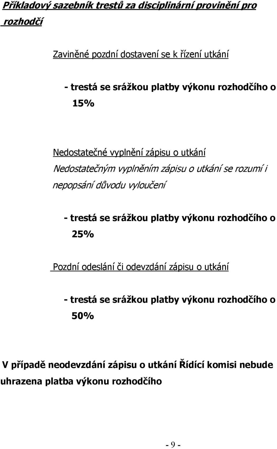 důvodu vyloučení - trestá se srážkou platby výkonu rozhodčího o 25% Pozdní odeslání či odevzdání zápisu o utkání - trestá se