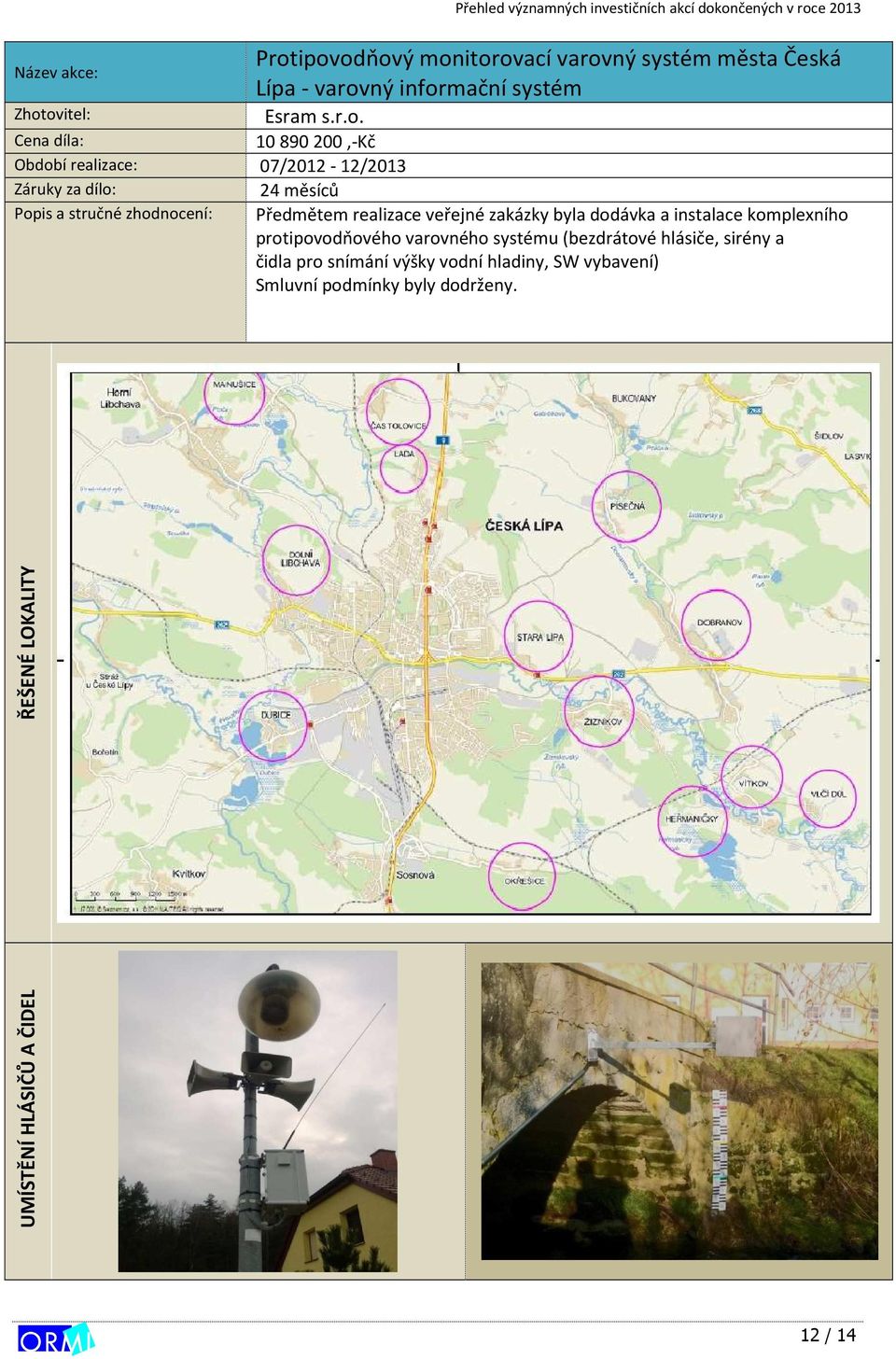 Popis a stručné zhodnocení: Předmětem realizace veřejné zakázky byla dodávka a instalace komplexního protipovodňového varovného