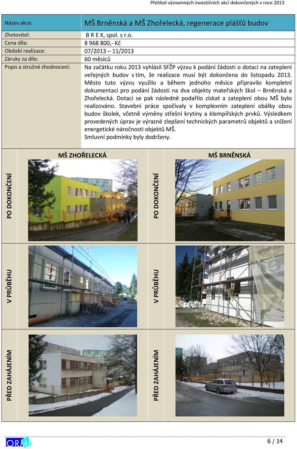 Zhotovitel: B R E X, spol. s r.o. Cena díla: 8968800,- Kč Období realizace: 07/2013 11/2013 Popis a stručné zhodnocení: Na začátku roku 2013 vyhlásil SFŽP výzvu k podání žádosti o dotaci na zateplení