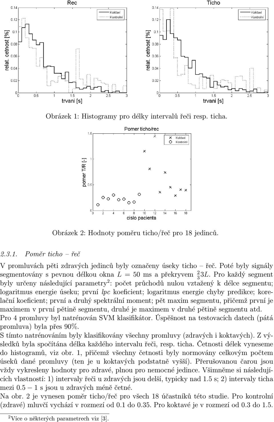 Pro každý segment 3 byly určeny následující parametry 2 : počet průchodů nulou vztažený k délce segmentu; logaritmus energie úseku; první lpc koeficient; logaritmus energie chyby predikce; korelační