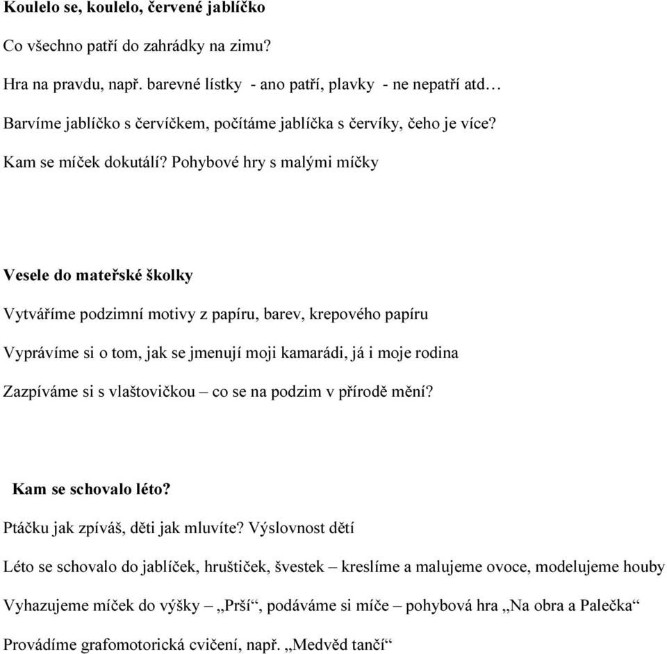 Pohybové hry s malými míčky Vesele do mateřské školky Vytváříme podzimní motivy z papíru, barev, krepového papíru Vyprávíme si o tom, jak se jmenují moji kamarádi, já i moje rodina Zazpíváme si s