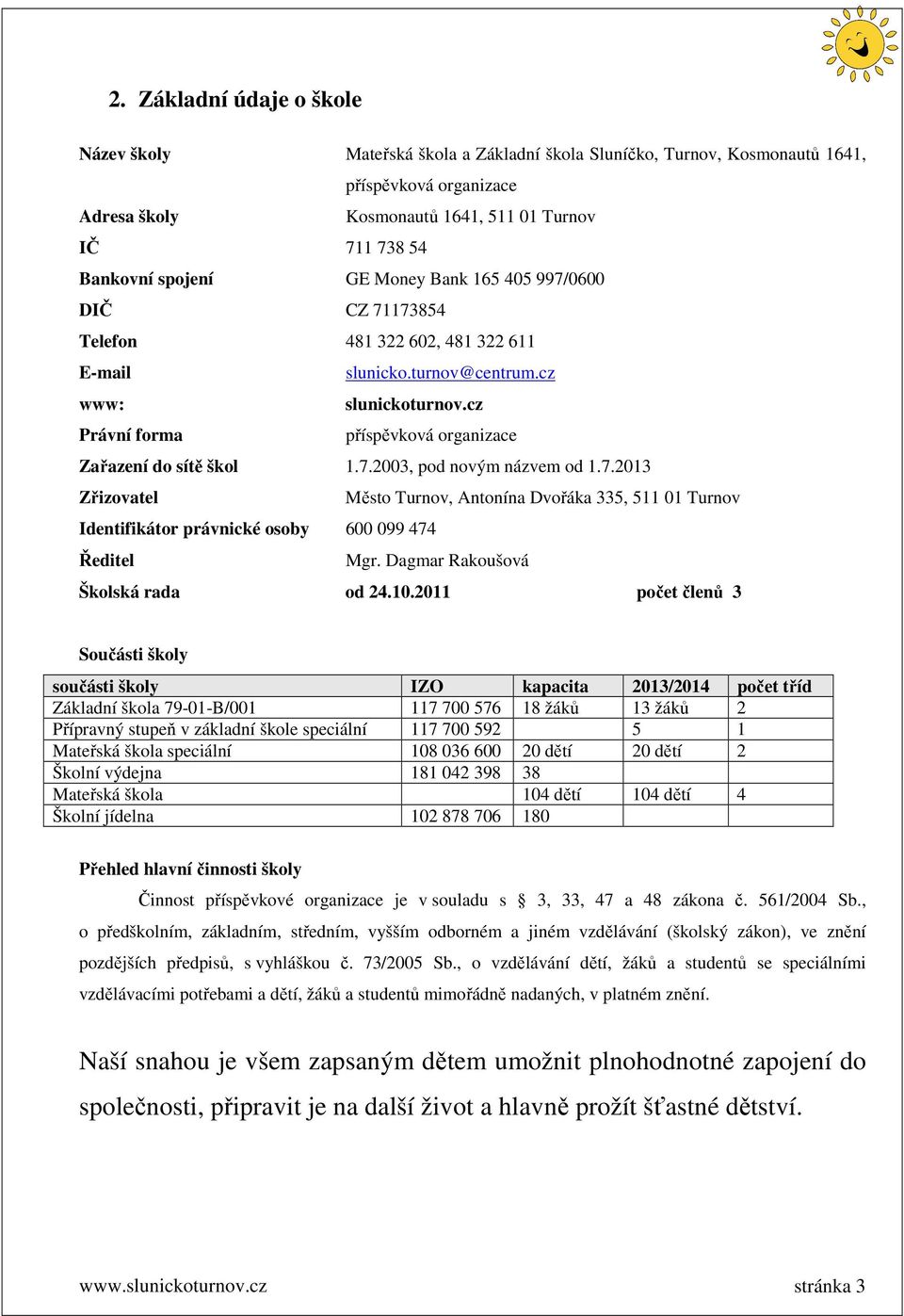 cz Právní forma příspěvková organizace Zařazení do sítě škol 1.7.2003, pod novým názvem od 1.7.2013 Zřizovatel Město Turnov, Antonína Dvořáka 335, 511 01 Turnov Identifikátor právnické osoby 600 099 474 Ředitel Mgr.