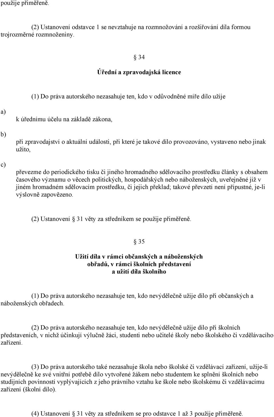 takové dílo provozováno, vystaveno nebo jinak užito, převezme do periodického tisku či jiného hromadného sdělovacího prostředku články s obsahem časového významu o věcech politických, hospodářských