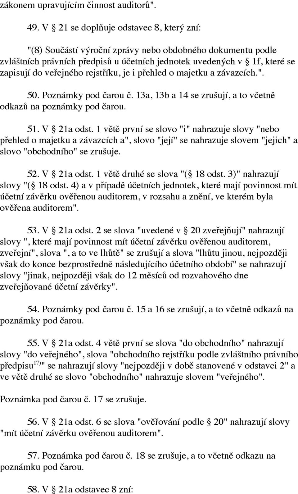 rejstříku, je i přehled o majetku a závazcích.". 50. Poznámky pod čarou č. 13a, 13b a 14 se zrušují, a to včetně odkazů na poznámky pod čarou. 51. V 21a odst.