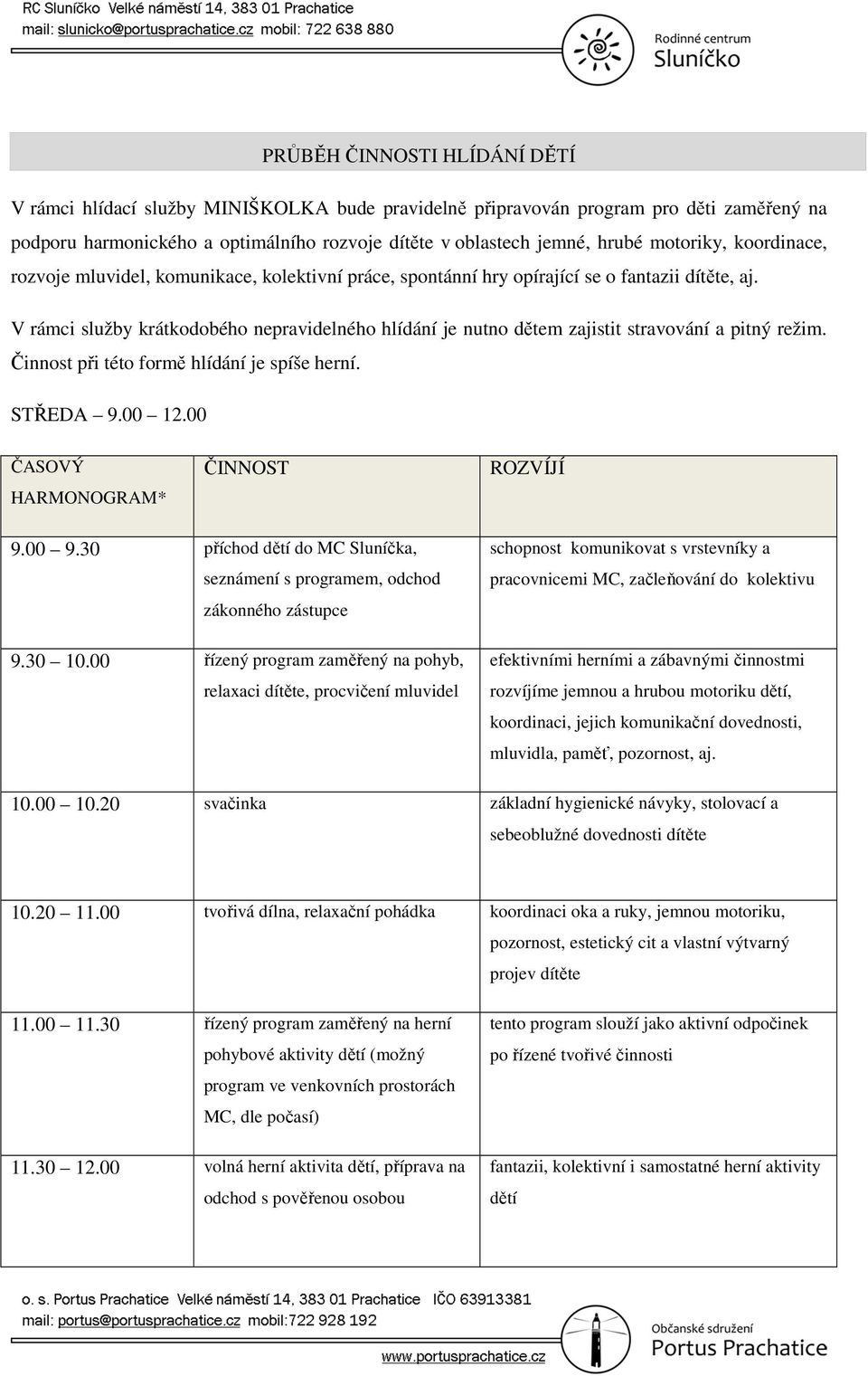 V rámci služby krátkodobého nepravidelného hlídání je nutno dětem zajistit stravování a pitný režim. Činnost při této formě hlídání je spíše herní. STŘEDA 9.00 12.