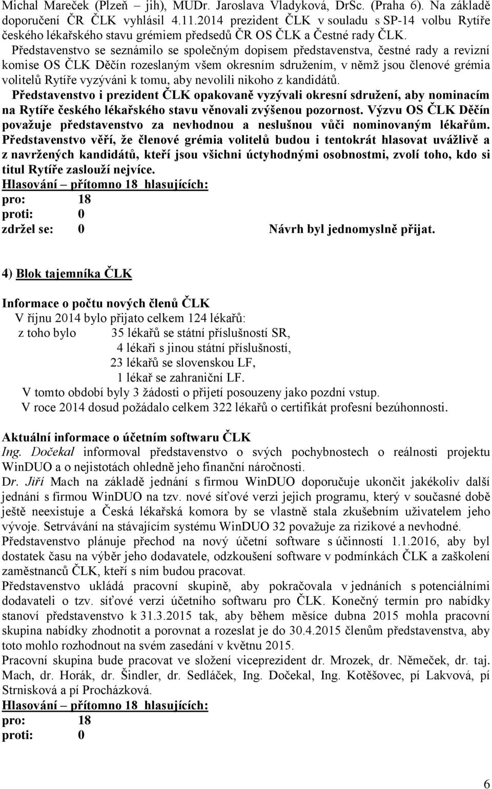 Představenstvo se seznámilo se společným dopisem představenstva, čestné rady a revizní komise OS ČLK Děčín rozeslaným všem okresním sdružením, v němž jsou členové grémia volitelů Rytíře vyzýváni k