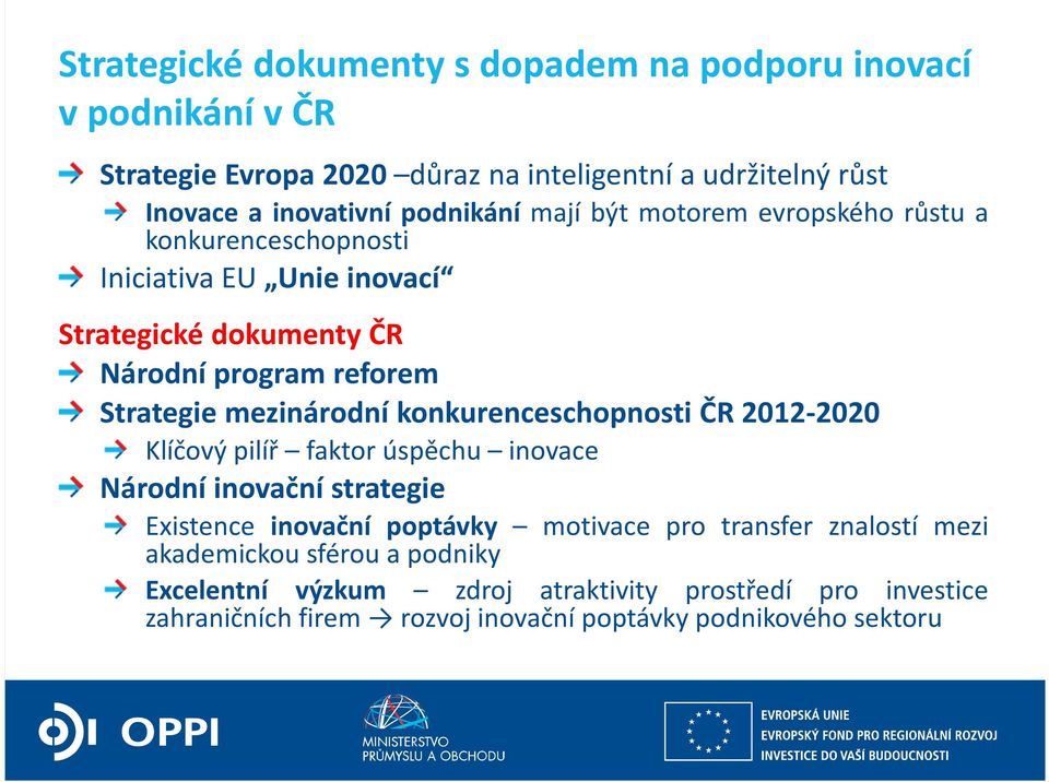 mezinárodní konkurenceschopnosti ČR 2012-2020 Klíčový pilíř faktor úspěchu inovace Národní inovační strategie Existence inovační poptávky motivace pro