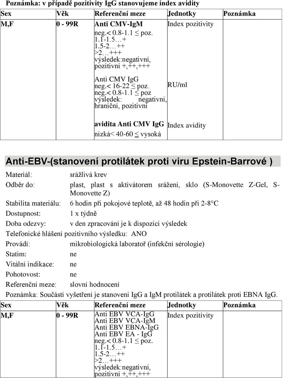 1 poz výsledek: gativní, hraniční, pozitivní avidita Anti CMV IgG nízká< 40-60 vysoká Index avidity Anti-EBV-(stvení protilátek proti viru Epstein-Barrové ) plast, plast s aktivátorem srážení, sklo