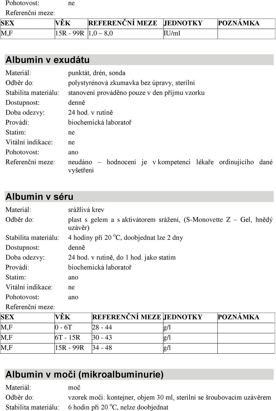 v rutině udáno hodnocení je v kompetenci lékaře ordinujícího dané vyšetření Albumin v séru 4 hodiny při 20 o C, doobjednat lze 2 dny 24