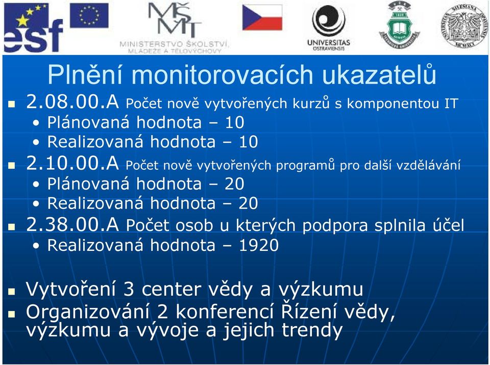 A Počet nově vytvořených programů pro další vzdělávání Plánovaná hodnota 20 Realizovaná hodnota 20 23800A