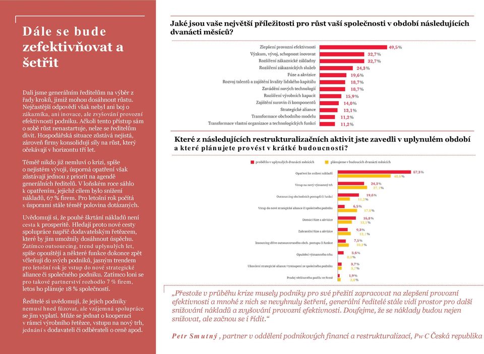 Ačkoli tento přístup sám o sobě růst nenastartuje, nelze se ředitelům divit. Hospodářská situace zůstává nejistá, zároveň firmy konsolidují síly na růst, který očekávají v horizontu tří let.