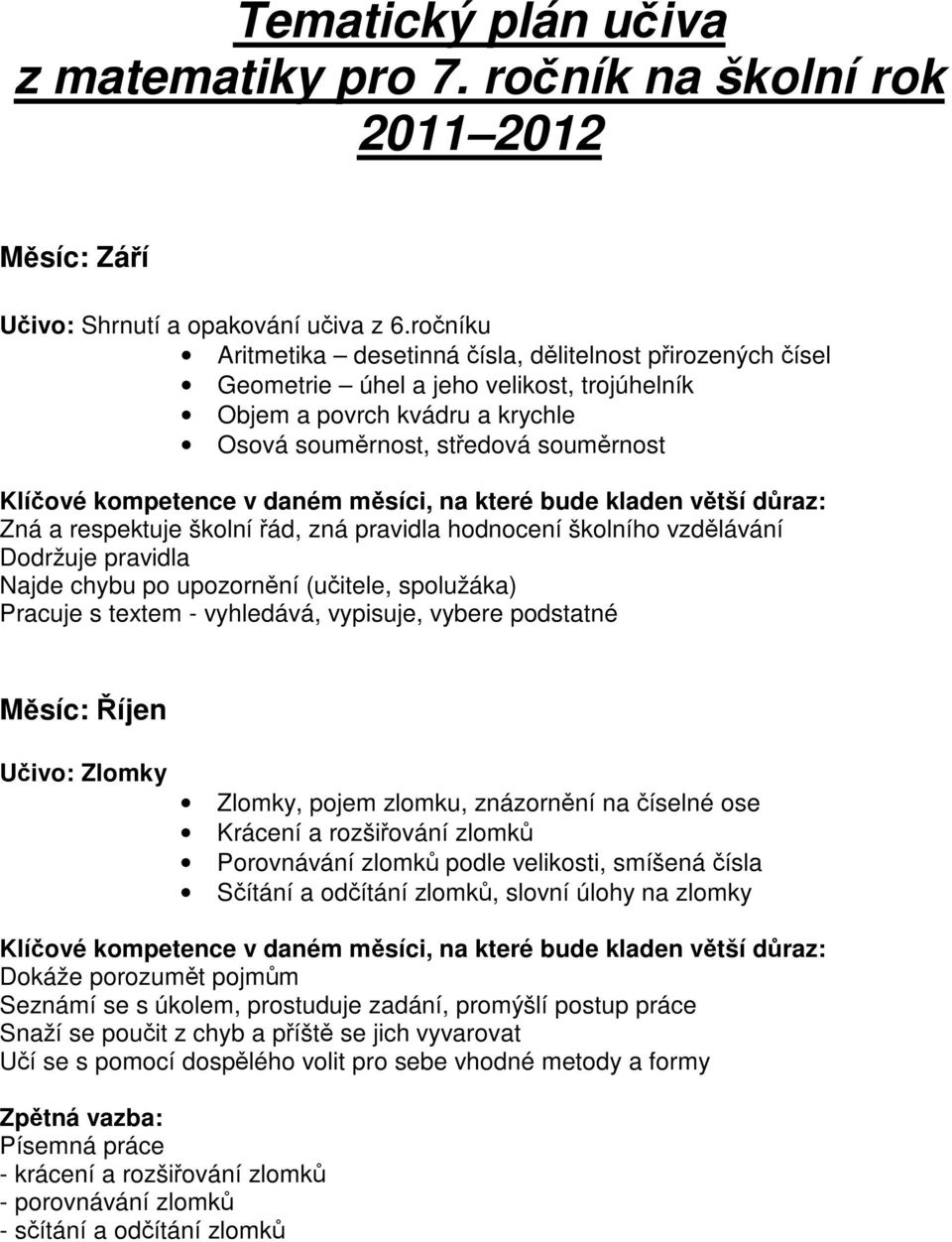 ád, zná pravidla hodnocení školního vzdlávání Dodržuje pravidla Najde chybu po upozornní (uitele, spolužáka) Pracuje s textem - vyhledává, vypisuje, vybere podstatné Msíc: íjen Uivo: Zlomky Zlomky,