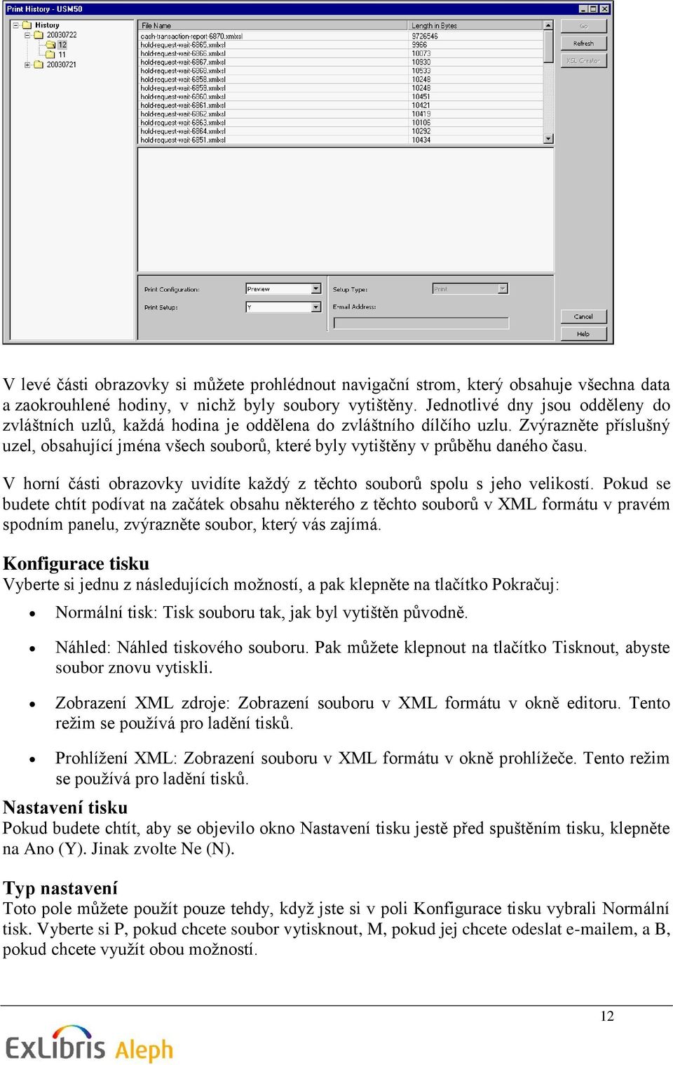 Zvýrazněte příslušný uzel, obsahující jména všech souborů, které byly vytištěny v průběhu daného času. V horní části obrazovky uvidíte každý z těchto souborů spolu s jeho velikostí.