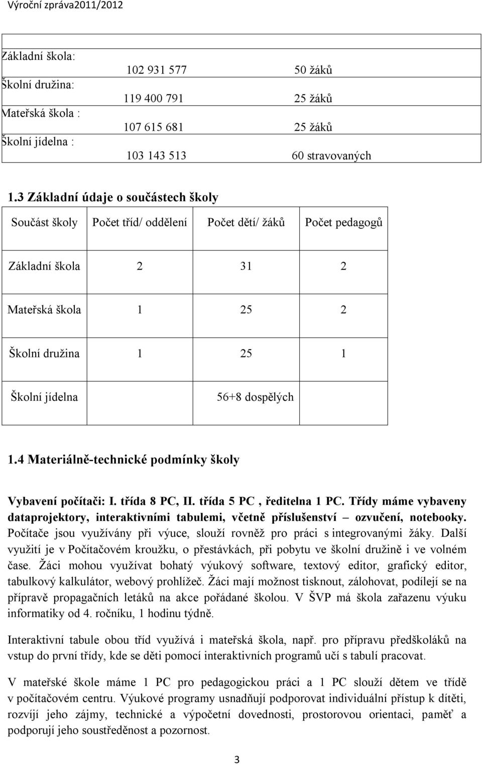 1.4 Materiálně-technické podmínky školy Vybavení počítači: I. třída 8 PC, II. třída 5 PC, ředitelna 1 PC.