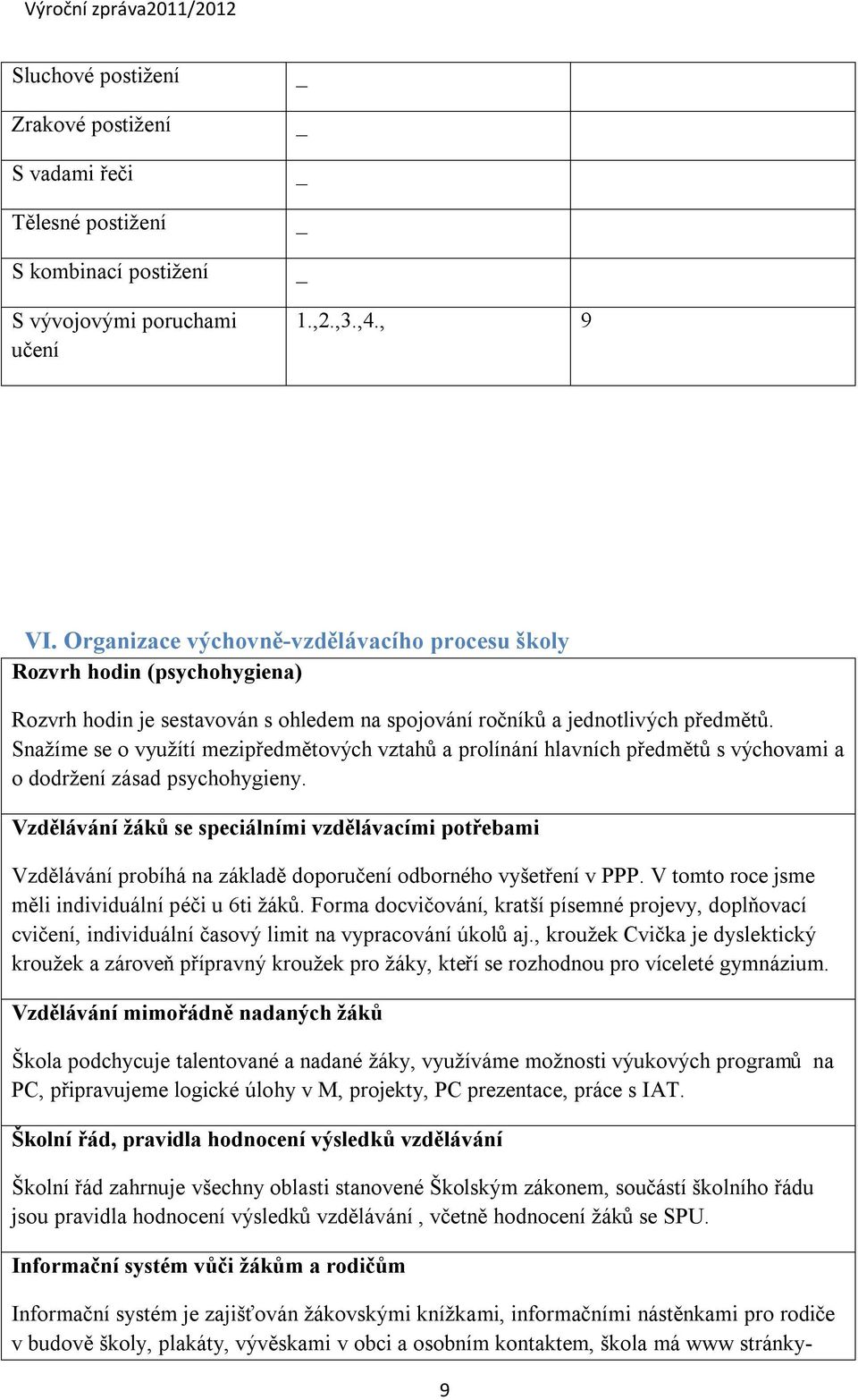 Snažíme se o využítí mezipředmětových vztahů a prolínání hlavních předmětů s výchovami a o dodržení zásad psychohygieny.