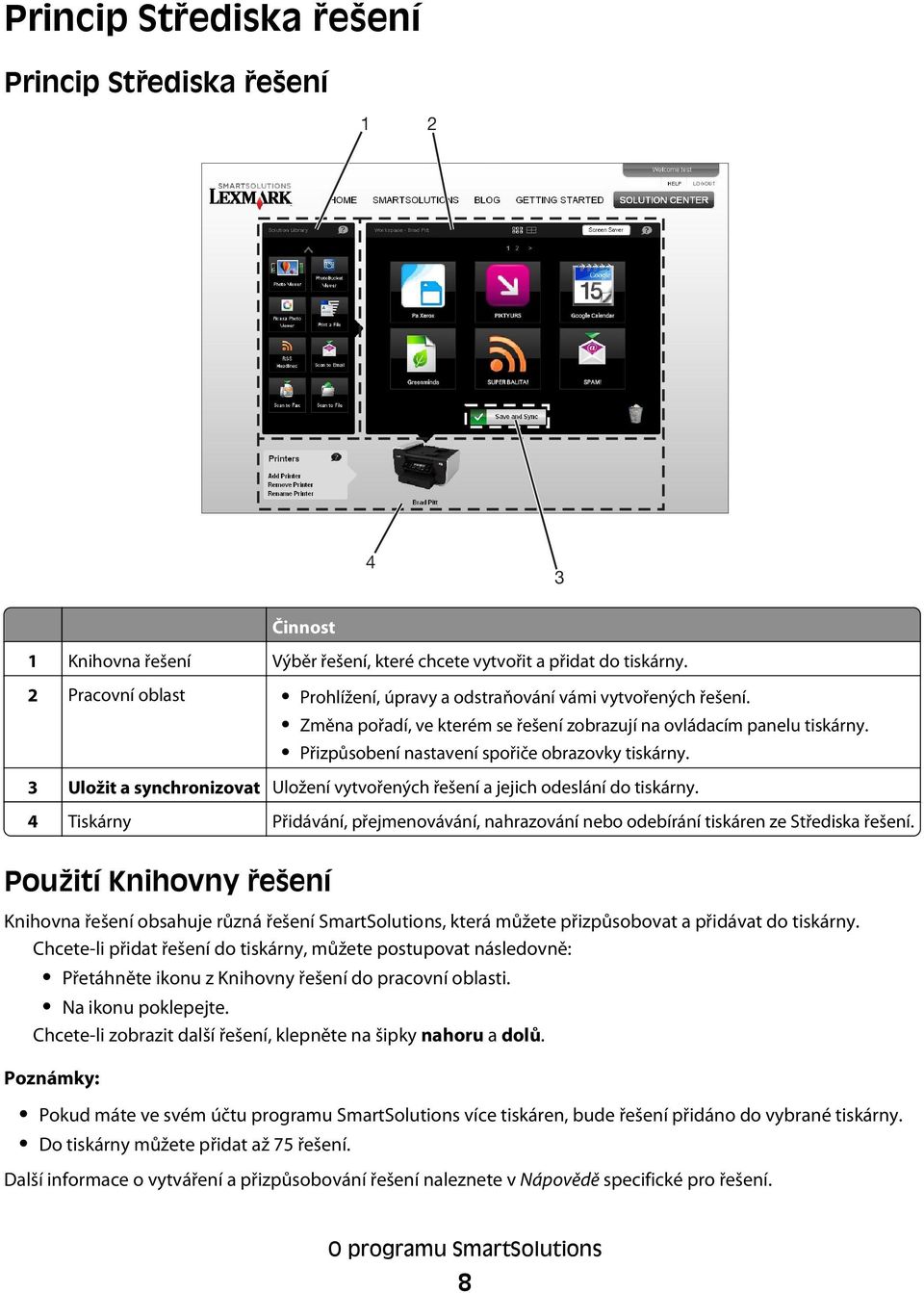 Přizpůsobení nastavení spořiče obrazovky tiskárny. 3 Uložit a synchronizovat Uložení vytvořených řešení a jejich odeslání do tiskárny.