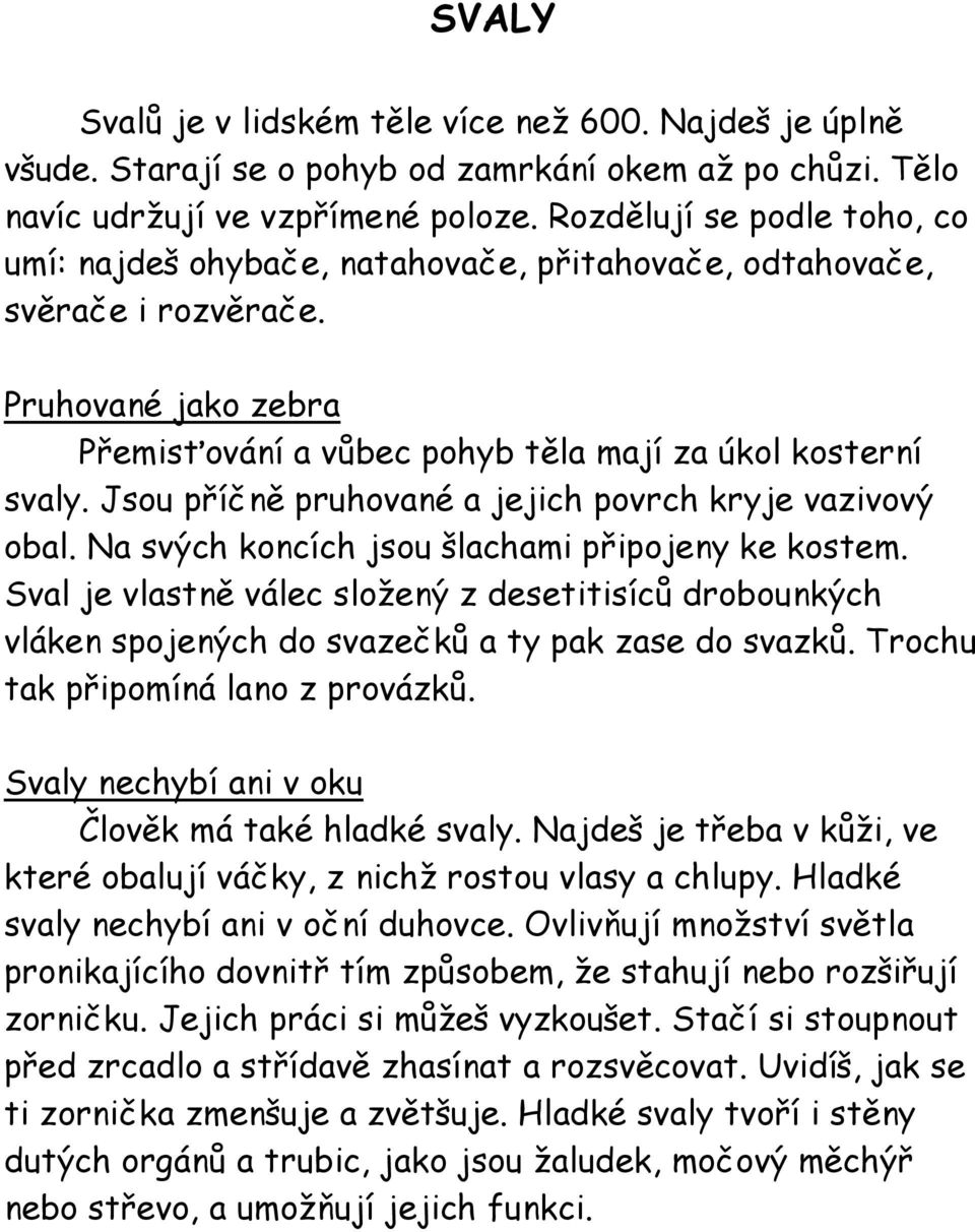 Jsou příčně pruhované a jejich povrch kryje vazivový obal. Na svých koncích jsou šlachami připojeny ke kostem.