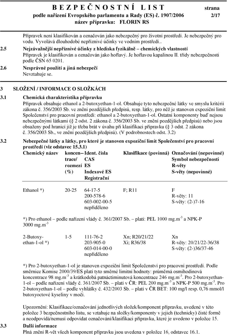 Je hořlavou kapalinou II. třídy nebezpečnosti podle ČSN 65 0201. 2.6 Nesprávné pouţití a jiná nebezpečí 3 SLOŢENÍ / INFORMACE O SLOŢKÁCH 3.