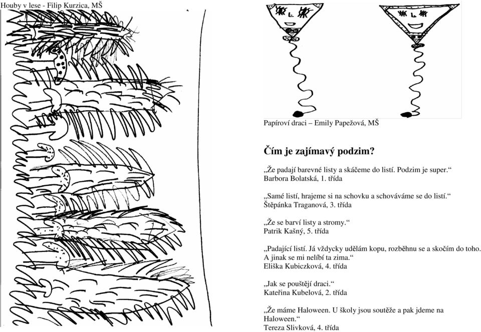 třída Že se barví listy a stromy. Patrik Kašný, 5. třída Padající listí. Já vždycky udělám kopu, rozběhnu se a skočím do toho.