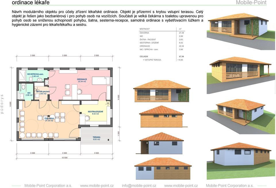 Součástí je velká čekárna s toaletou upravenou pro pohyb osob se sníženou schopností pohybu, šatna, sesterna-recepce, samotná ordinace s vyšetřovacím lůžkem a hygienické zázemí pro