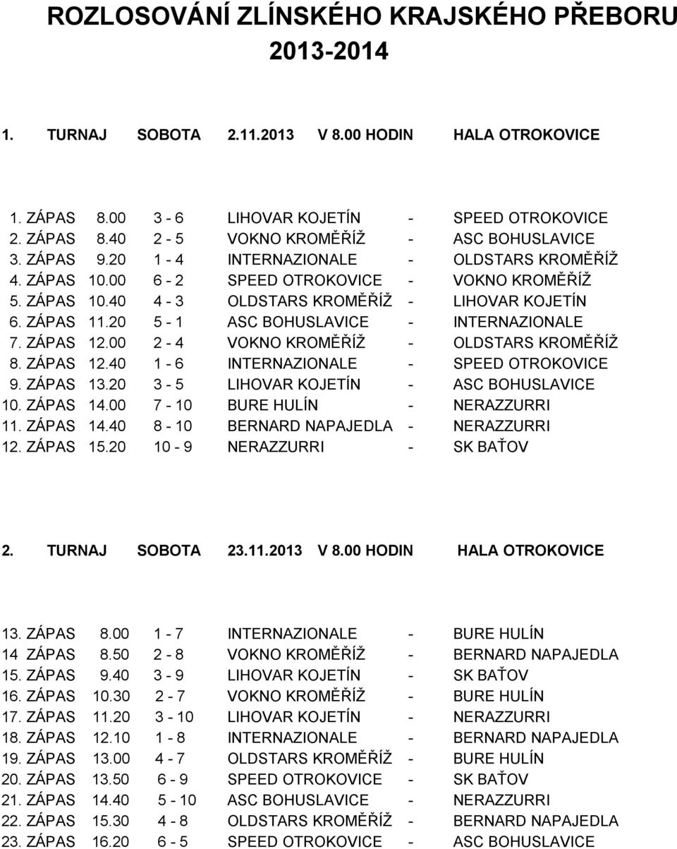 20 5-1 ASC BOHUSLAVICE - INTERNAZIONALE 7. ZÁPAS 12.00 2-4 VOKNO KROMĚŘÍŽ - OLDSTARS KROMĚŘÍŽ 8. ZÁPAS 12.40 1-6 INTERNAZIONALE - SPEED OTROKOVICE 9. ZÁPAS 13.