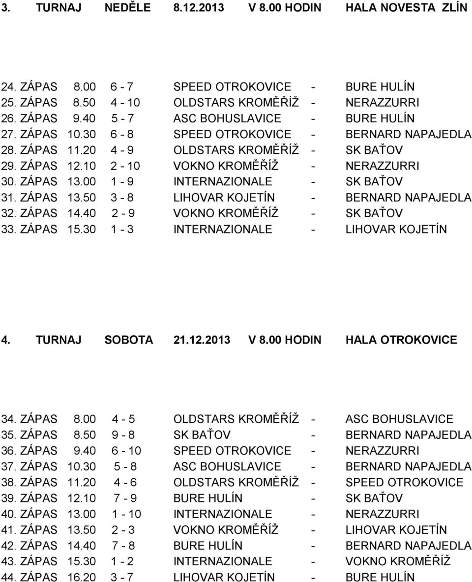 ZÁPAS 13.00 1-9 INTERNAZIONALE - SK BAŤOV 31. ZÁPAS 13.50 3-8 LIHOVAR KOJETÍN - BERNARD NAPAJEDLA 32. ZÁPAS 14.40 2-9 VOKNO KROMĚŘÍŽ - SK BAŤOV 33. ZÁPAS 15.30 1-3 INTERNAZIONALE - LIHOVAR KOJETÍN 4.