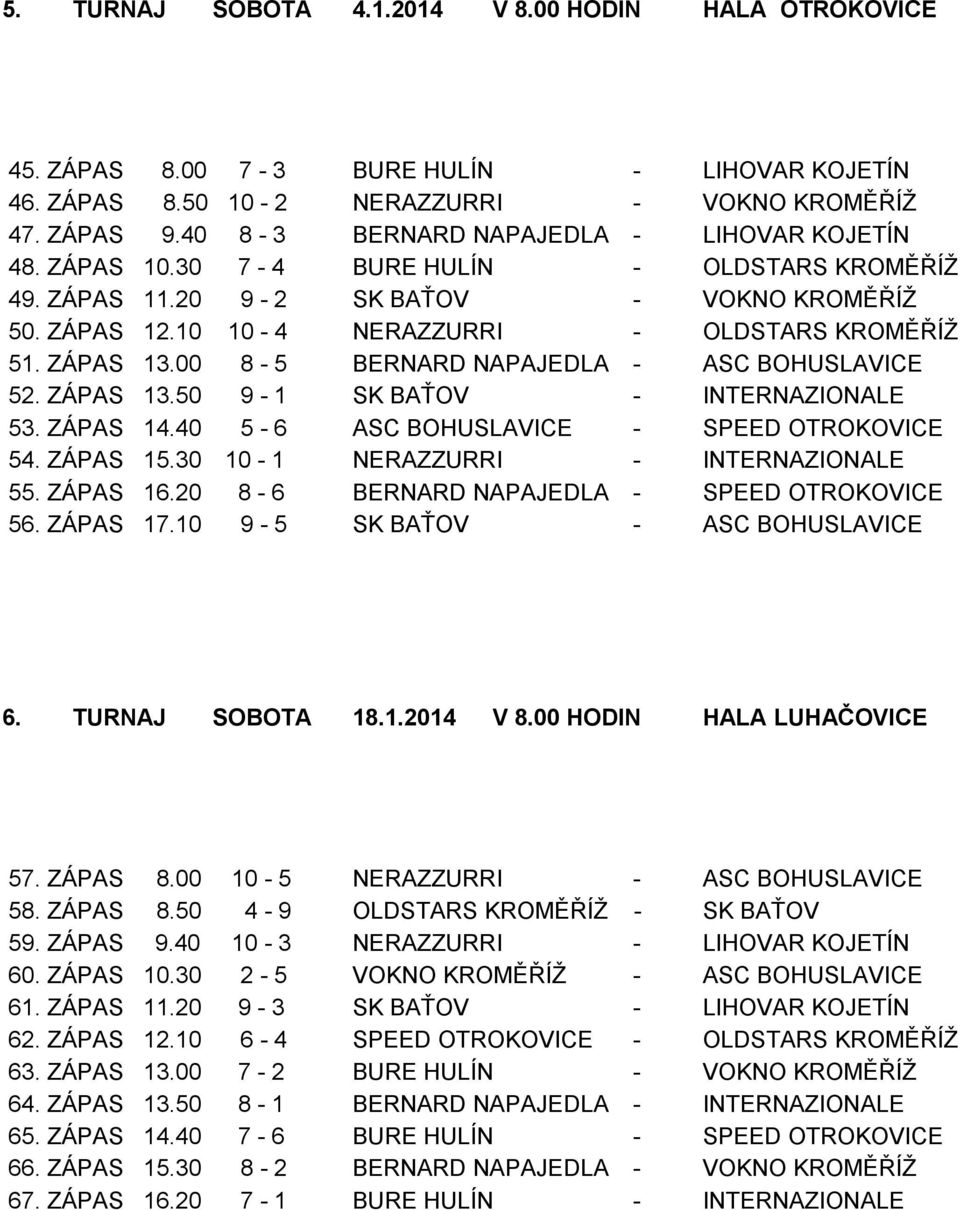 ZÁPAS 13.00 8-5 BERNARD NAPAJEDLA - ASC BOHUSLAVICE 52. ZÁPAS 13.50 9-1 SK BAŤOV - INTERNAZIONALE 53. ZÁPAS 14.40 5-6 ASC BOHUSLAVICE - SPEED OTROKOVICE 54. ZÁPAS 15.