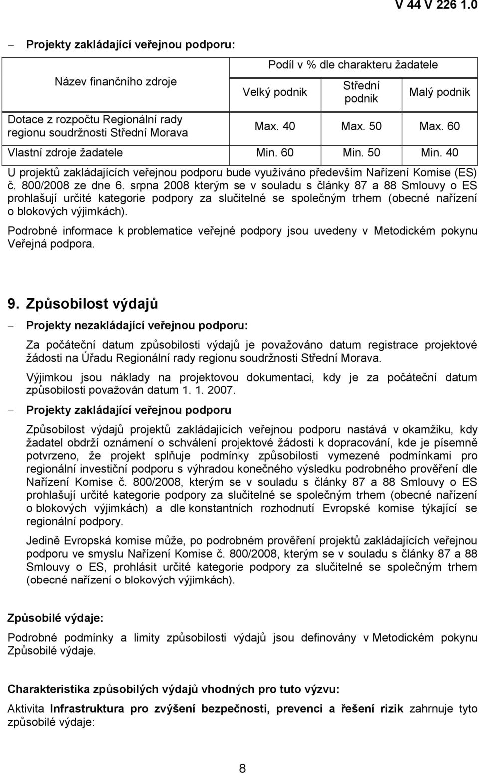 srpna 2008 kterým se v souladu s články 87 a 88 Smlouvy o ES prohlašují určité kategorie podpory za slučitelné se společným trhem (obecné nařízení o blokových výjimkách).