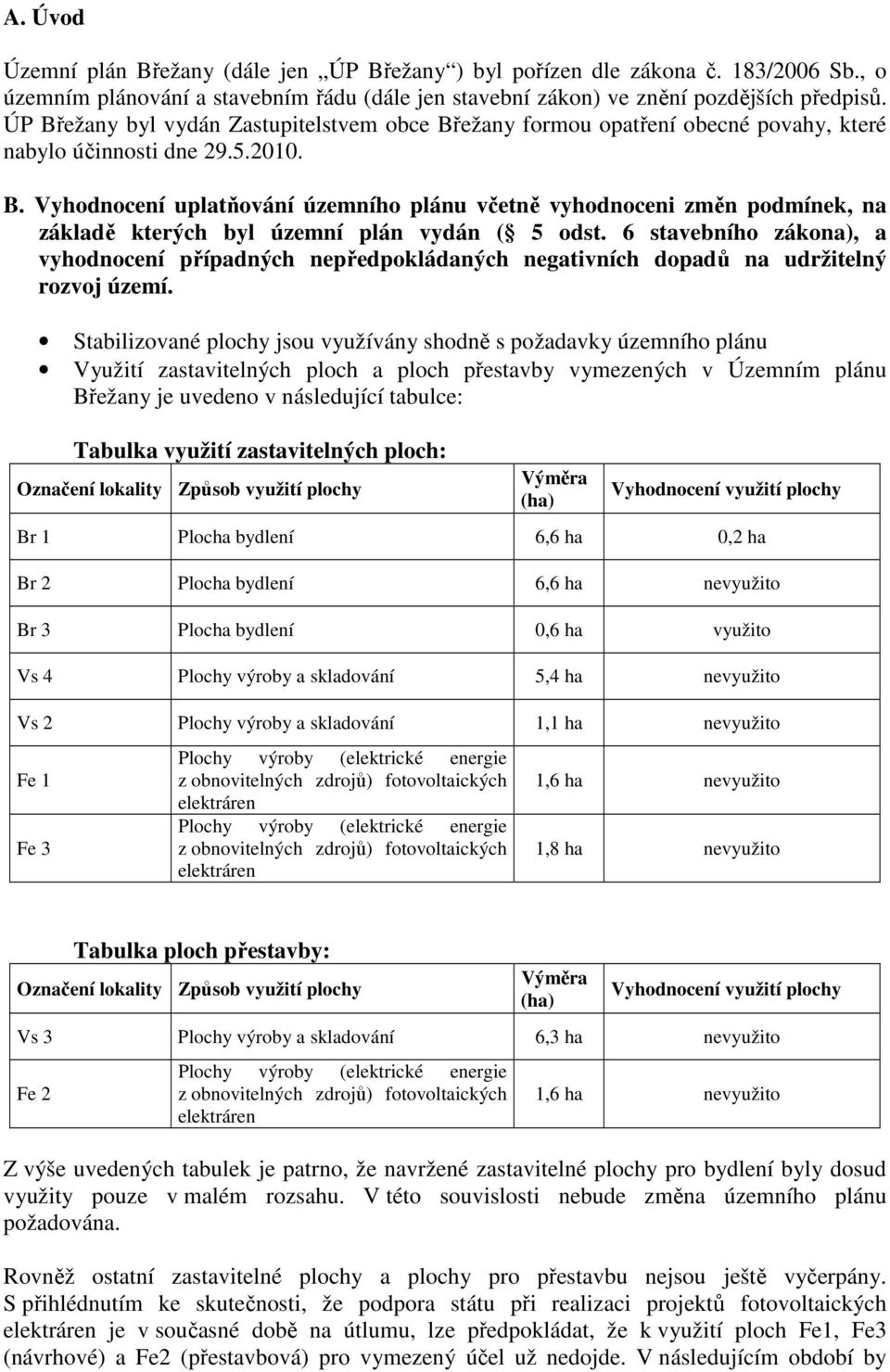 6 stavebního zákona), a vyhodnocení případných nepředpokládaných negativních dopadů na udržitelný rozvoj území.