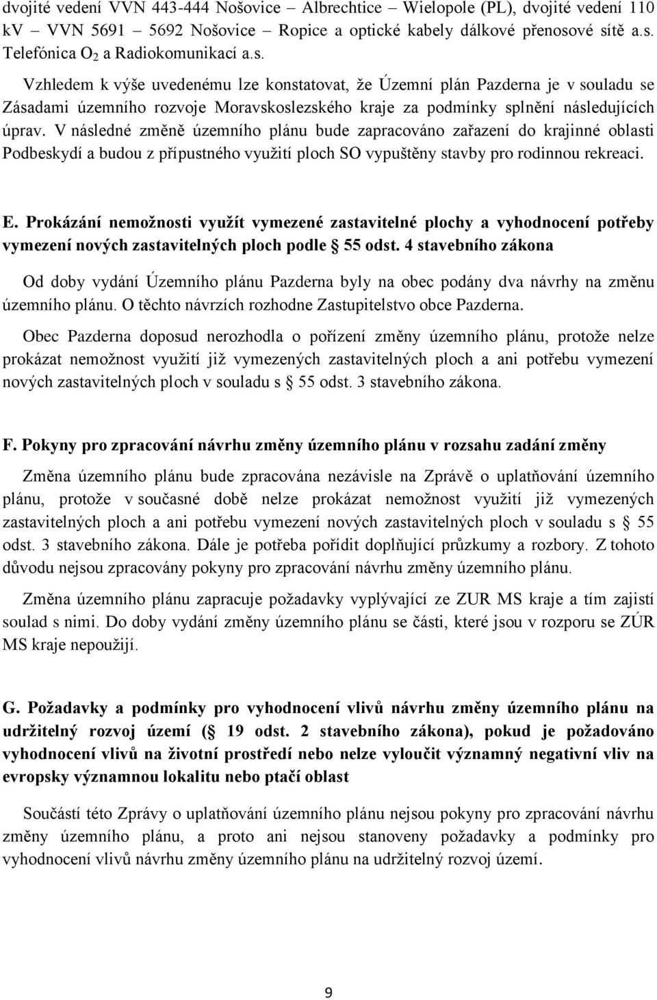 V následné změně územního plánu bude zapracováno zařazení do krajinné oblasti Podbeskydí a budou z přípustného využití ploch SO vypuštěny stavby pro rodinnou rekreaci. E.