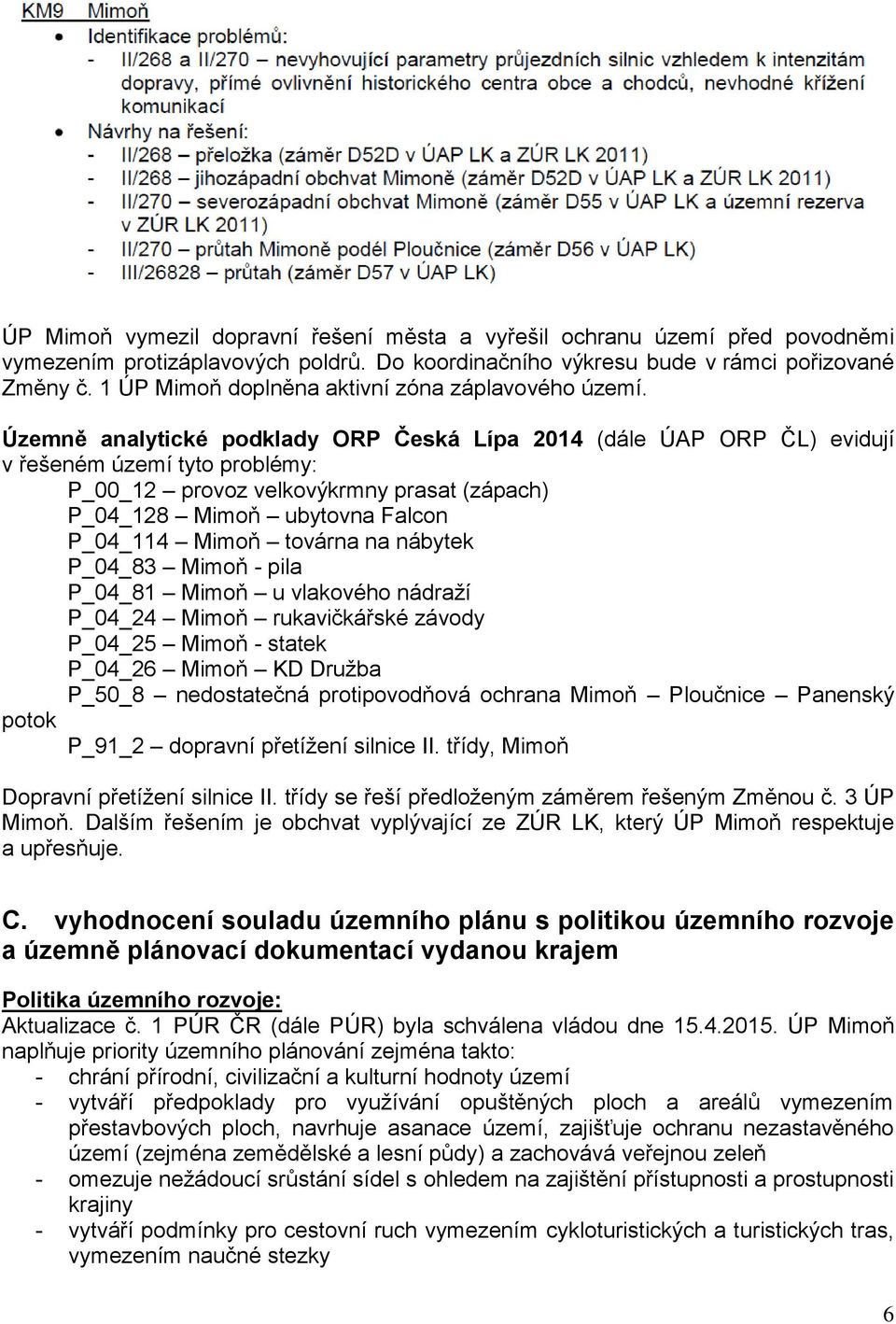 Územně analytické podklady ORP Česká Lípa 2014 (dále ÚAP ORP ČL) evidují v řešeném území tyto problémy: P_00_12 provoz velkovýkrmny prasat (zápach) P_04_128 Mimoň ubytovna Falcon P_04_114 Mimoň