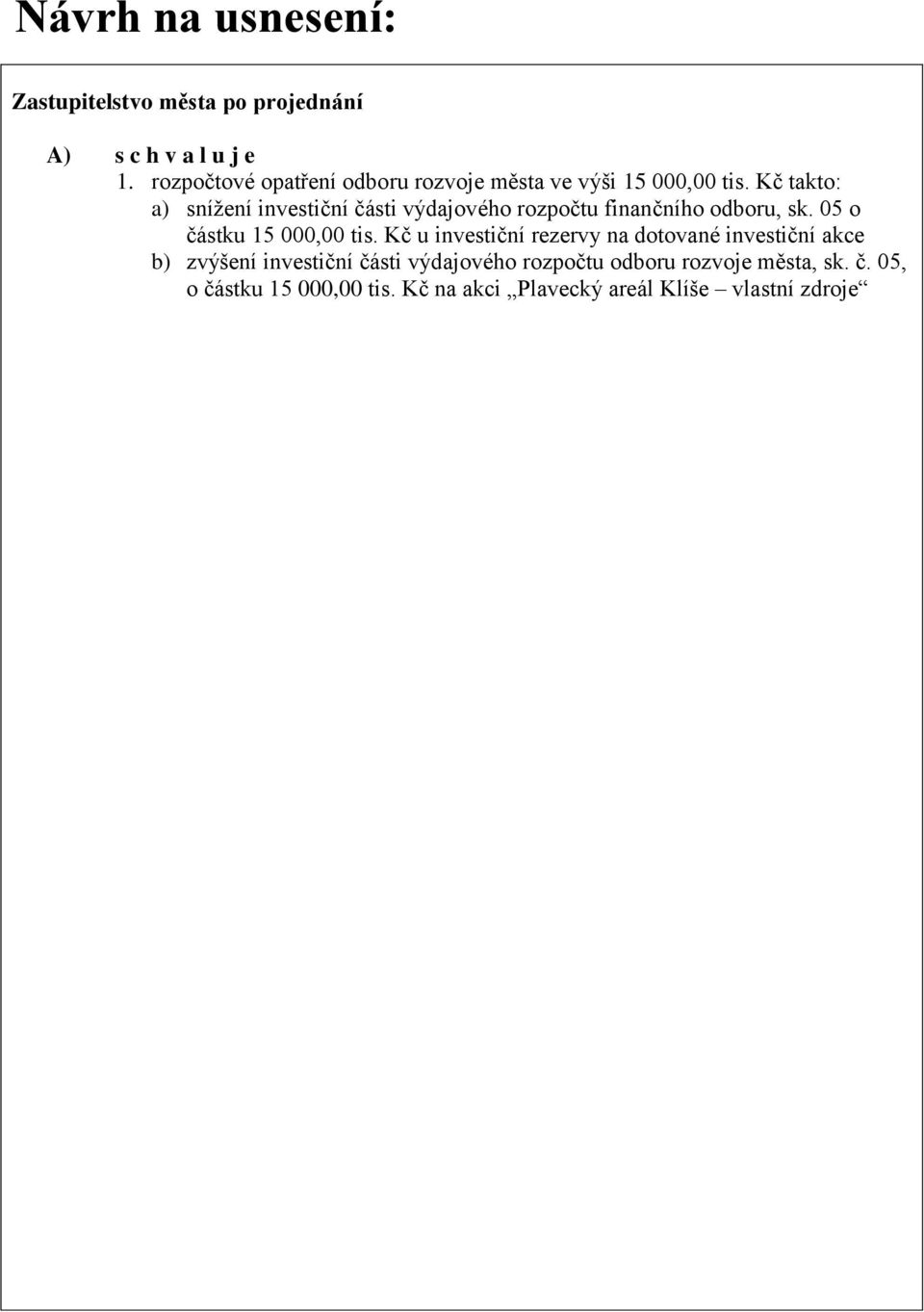 Kč takto: a) snížení investiční části výdajového rozpočtu finančního odboru, sk. 05 o částku 15 000,00 tis.