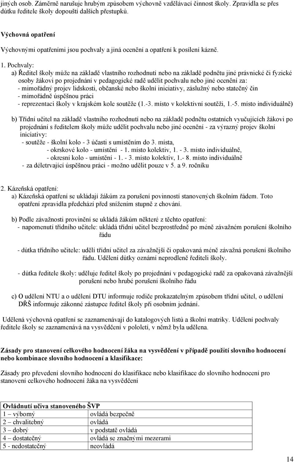 Pochvaly: a) Ředitel školy může na základě vlastního rozhodnutí nebo na základě podnětu jiné právnické či fyzické osoby žákovi po projednání v pedagogické radě udělit pochvalu nebo jiné ocenění za: -