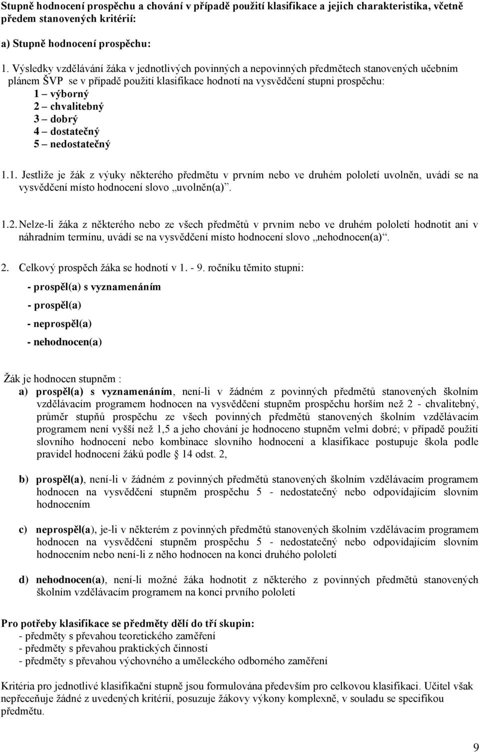 chvalitebný 3 dobrý 4 dostatečný 5 nedostatečný 1.1. Jestliže je žák z výuky některého předmětu v prvním nebo ve druhém pololetí uvolněn, uvádí se na vysvědčení místo hodnocení slovo uvolněn(a). 1.2.