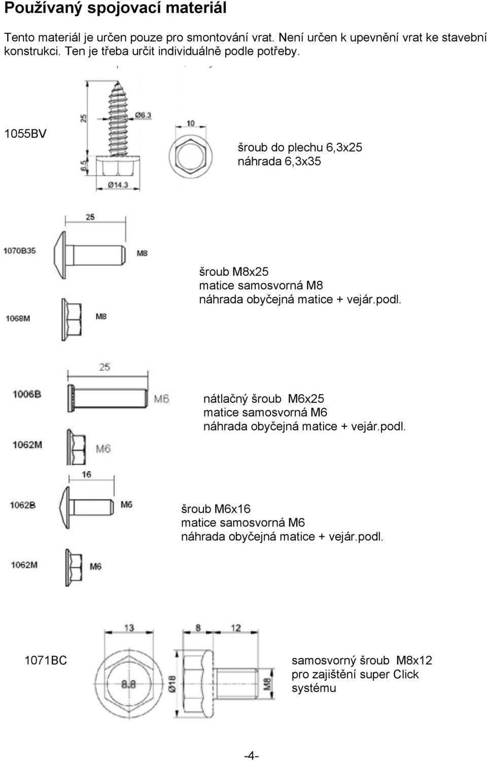 1055BV šroub do plechu 6,3x25 náhrada 6,3x35 šroub M8x25 matice samosvorná M8 náhrada obyčejná matice + vejár.podl.