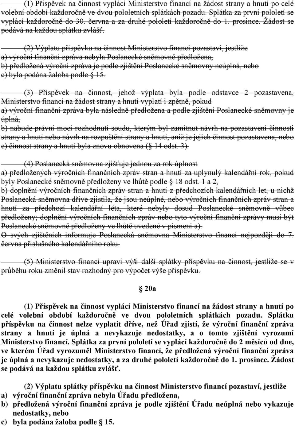 (2) Výplatu příspěvku na činnost Ministerstvo financí pozastaví, jestliže a) výroční finanční zpráva nebyla Poslanecké sněmovně předložena, b) předložená výroční zpráva je podle zjištění Poslanecké