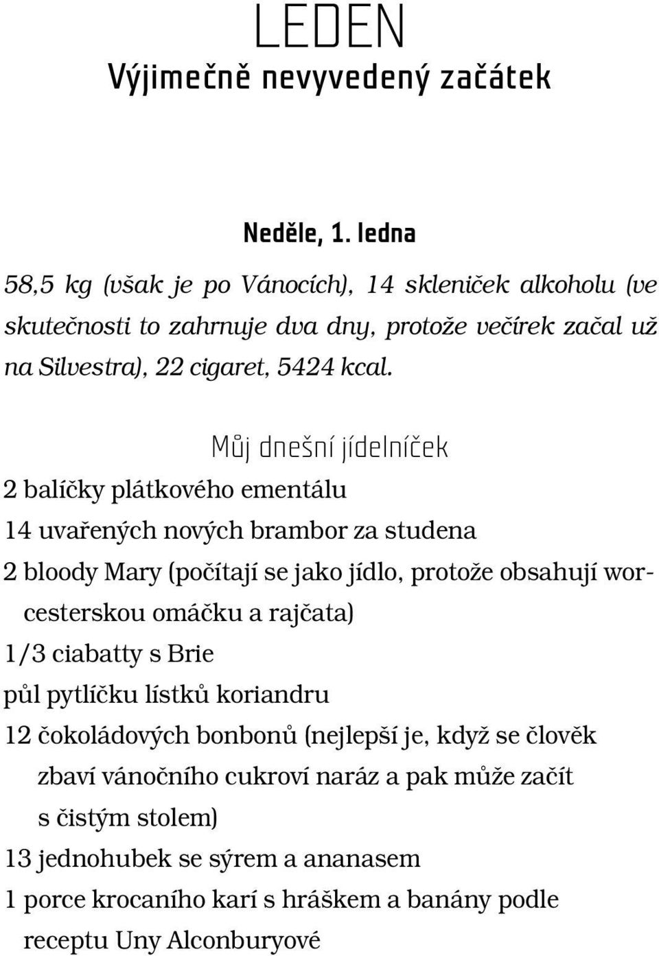 Můj dnešní jídelníćek 2 balíãky plátkového ementálu 14 uvafien ch nov ch brambor za studena 2 bloody Mary (poãítají se jako jídlo, protoïe obsahují worcesterskou