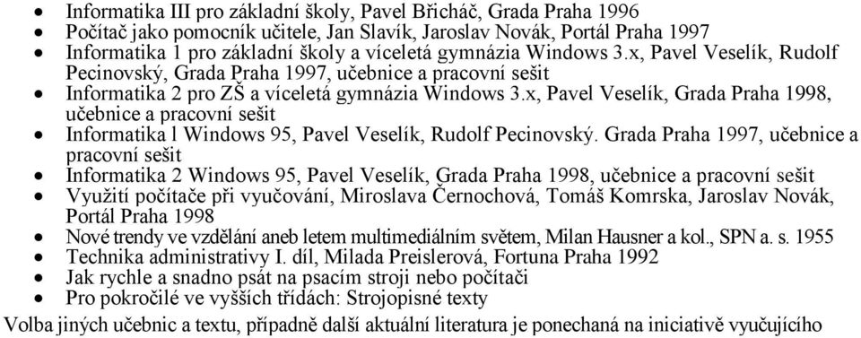 x, Pavel Veselík, Grada Praha 1998, učebnice a pracovní sešit Informatika l Windows 95, Pavel Veselík, Rudolf Pecinovský.