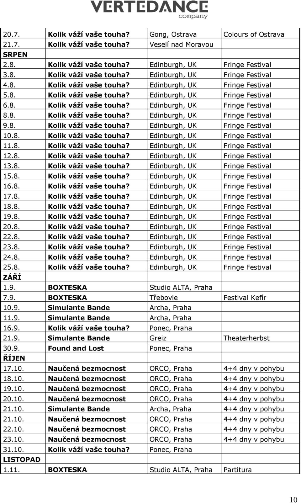 8. Kolik váží vaše touha? Edinburgh, UK Fringe Festival 10.8. Kolik váží vaše touha? Edinburgh, UK Fringe Festival 11.8. Kolik váží vaše touha? Edinburgh, UK Fringe Festival 12.8. Kolik váží vaše touha? Edinburgh, UK Fringe Festival 13.