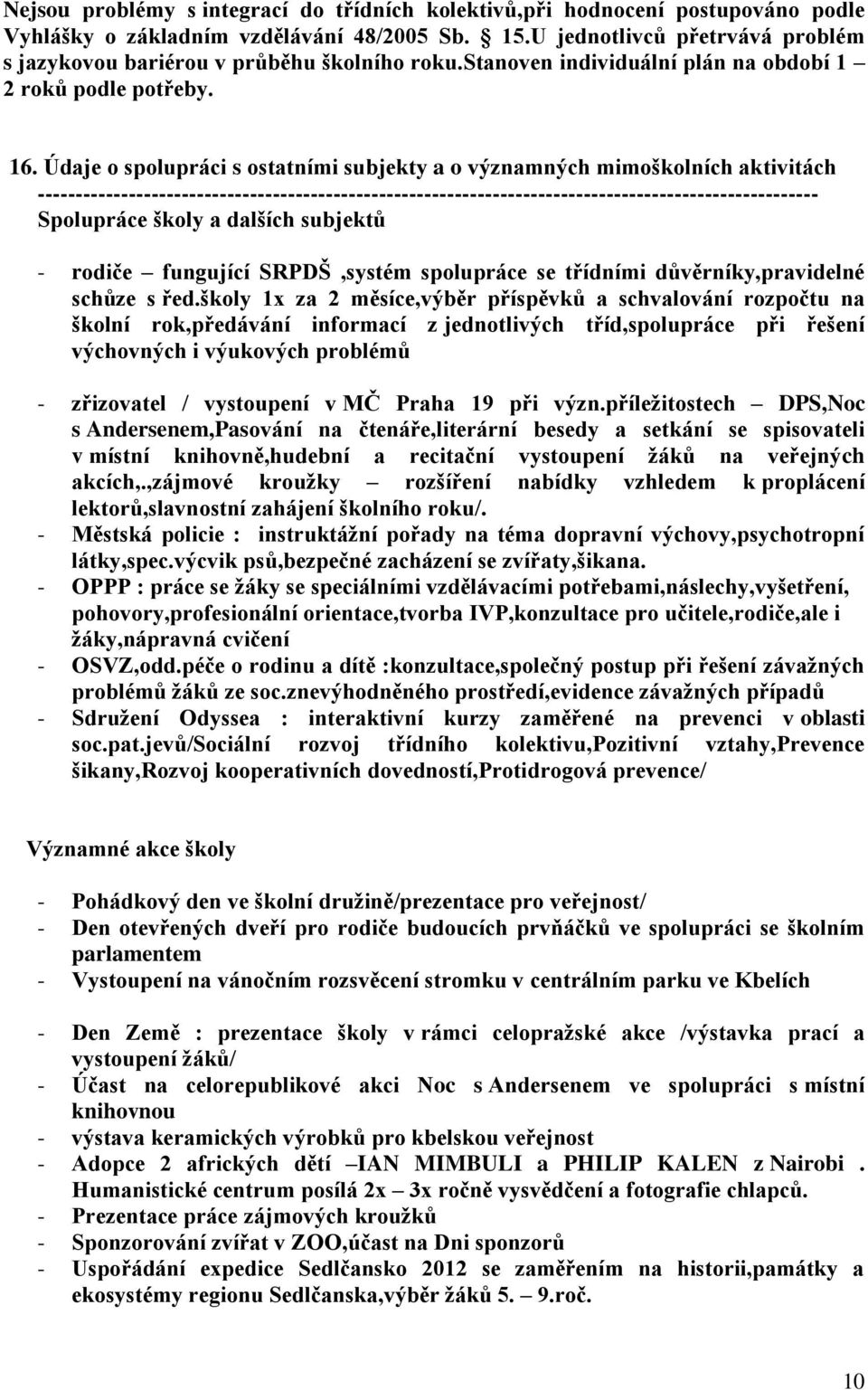 Údaje o spolupráci s ostatními subjekty a o významných mimoškolních aktivitách ------------------------------------------------------------------------------------------------------- Spolupráce školy