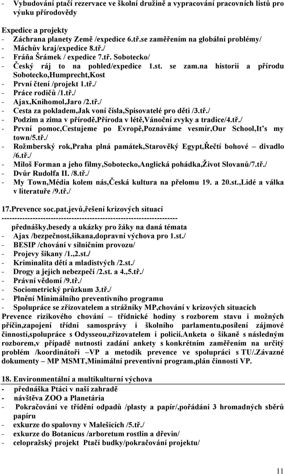 na historii a přírodu Sobotecko,Humprecht,Kost - První čtení /projekt 1.tř./ - Práce rodičů /1.tř./ - Ajax,Knihomol,Jaro /2.tř./ - Cesta za pokladem,jak voní čísla,spisovatelé pro děti /3.tř./ - Podzim a zima v přírodě,příroda v létě,vánoční zvyky a tradice/4.