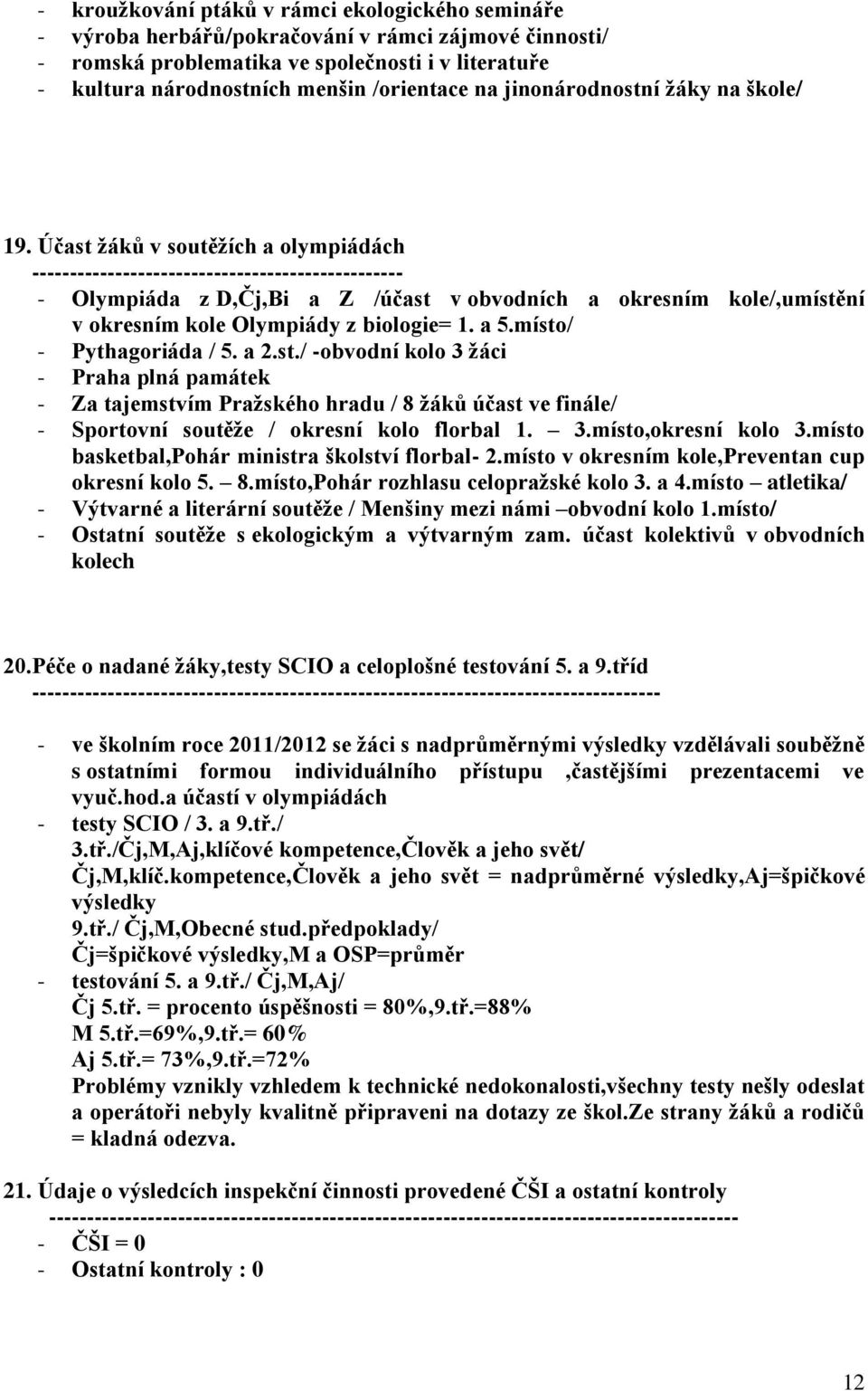 Účast žáků v soutěžích a olympiádách ------------------------------------------------- - Olympiáda z D,Čj,Bi a Z /účast v obvodních a okresním kole/,umístění v okresním kole Olympiády z biologie= 1.