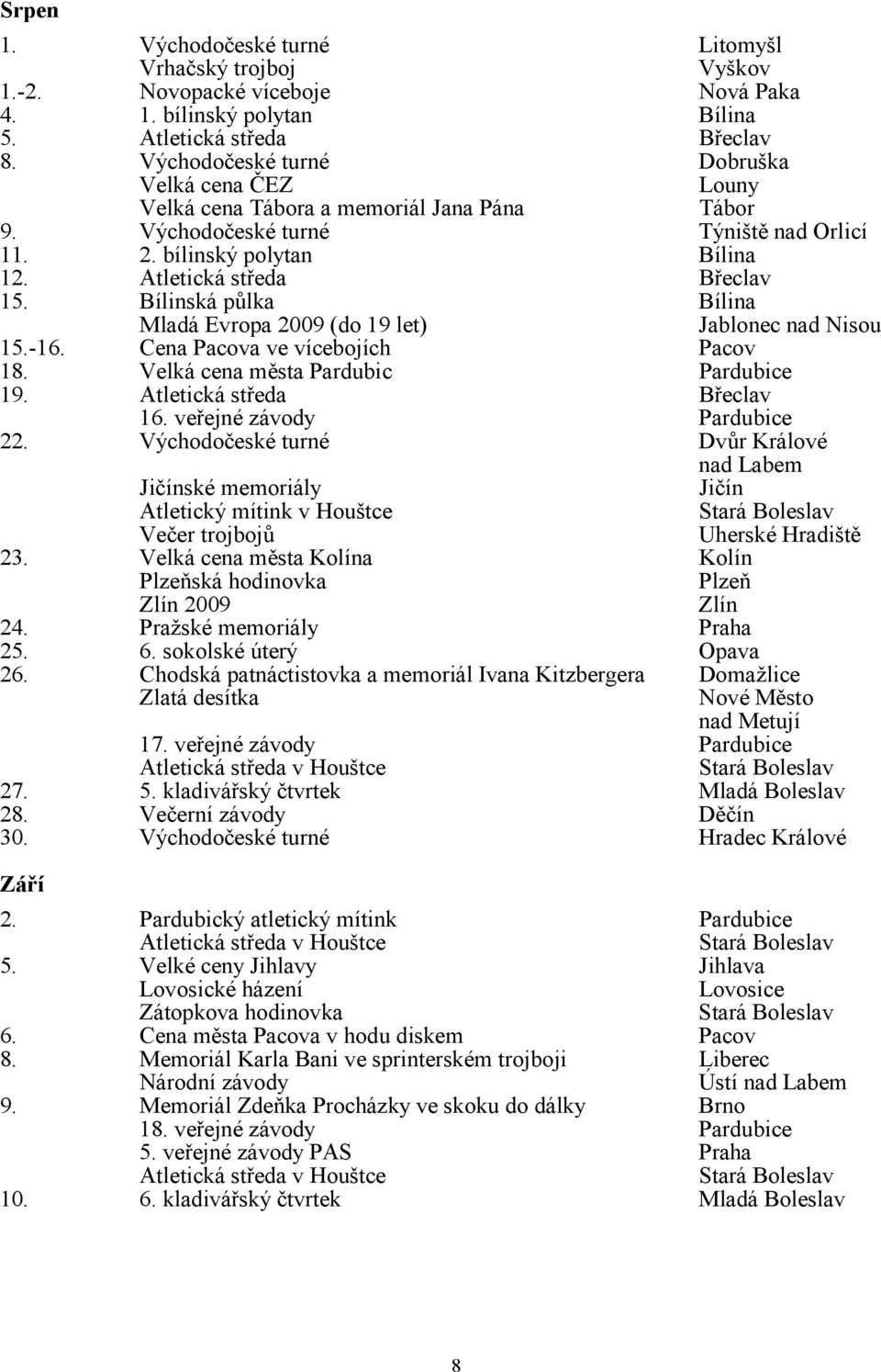 Bílinská půlka Bílina Mladá Evropa 2009 (do 19 let) Jablonec nad Nisou 15.-16. Cena Pacova ve vícebojích Pacov 18. Velká cena města Pardubic Pardubice 19. Atletická středa Břeclav 16.