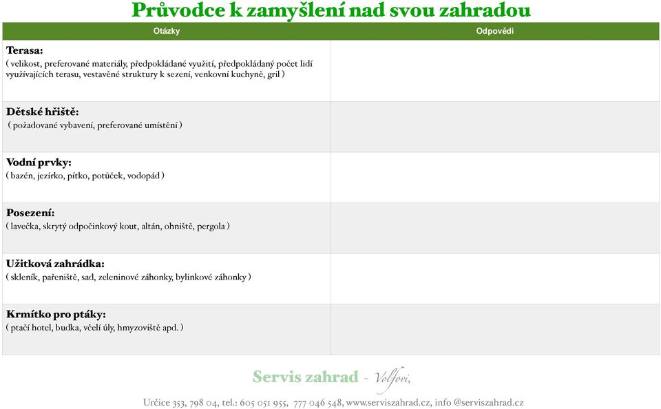 jezírko, pítko, potůček, vodopád ) Posezení: ( lavečka, skrytý odpočinkový kout, altán, ohniště, pergola ) Užitková zahrádka: (