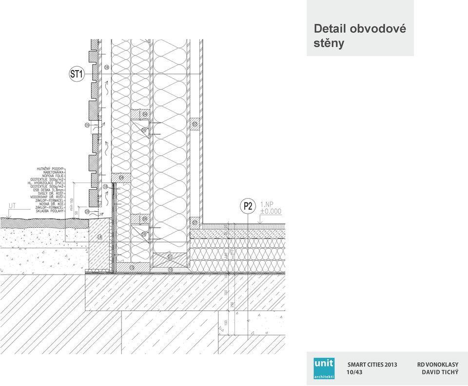 miner - ztužující záklop - difuz - nosná dřevěná konstr +výplň minerální - parobrzda - deska Fer - rošt z latí 40/60 po ma - sádrovláknité desky F Detail obvodové