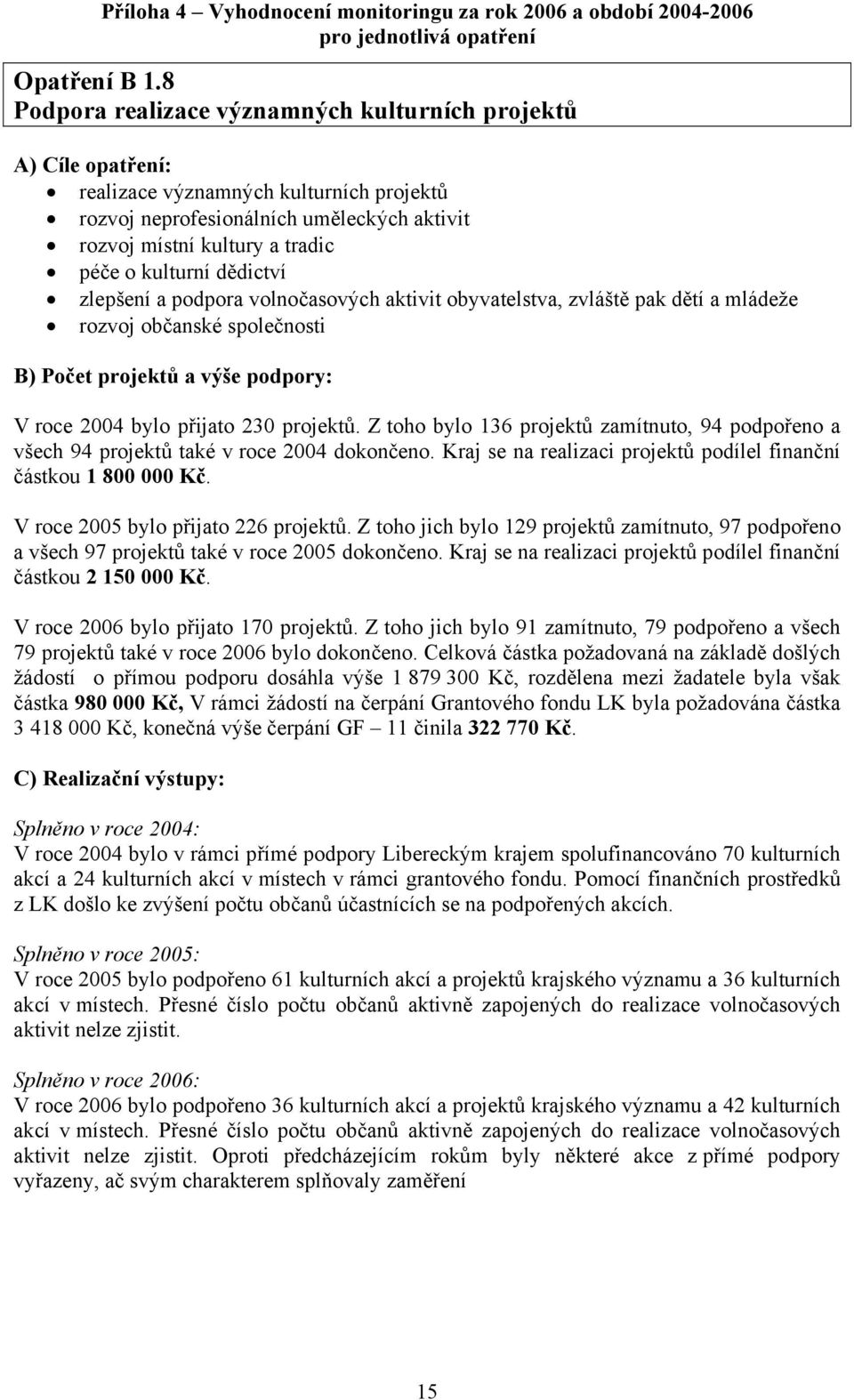 kulturní dědictví zlepšení a podpora volnočasových aktivit obyvatelstva, zvláště pak dětí a mládeže rozvoj občanské společnosti B) Počet projektů a výše podpory: V roce 2004 bylo přijato 230 projektů.