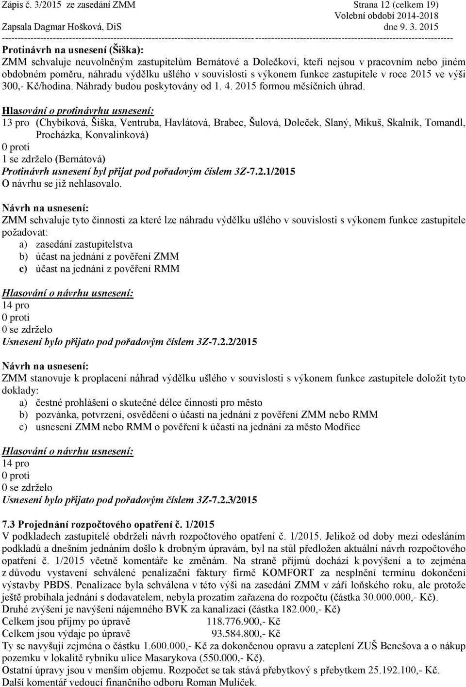 výdělku ušlého v souvislosti s výkonem funkce zastupitele v roce 2015 ve výši 300,- Kč/hodina. Náhrady budou poskytovány od 1. 4. 2015 formou měsíčních úhrad.