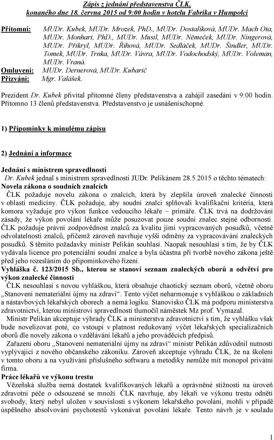 Voleman, MUDr. Vraná. MUDr. Dernerová, MUDr. Kubarič Mgr. Valášek. Prezident Dr. Kubek přivítal přítomné členy představenstva a zahájil zasedání v 9:00 hodin. Přítomno 13 členů představenstva.