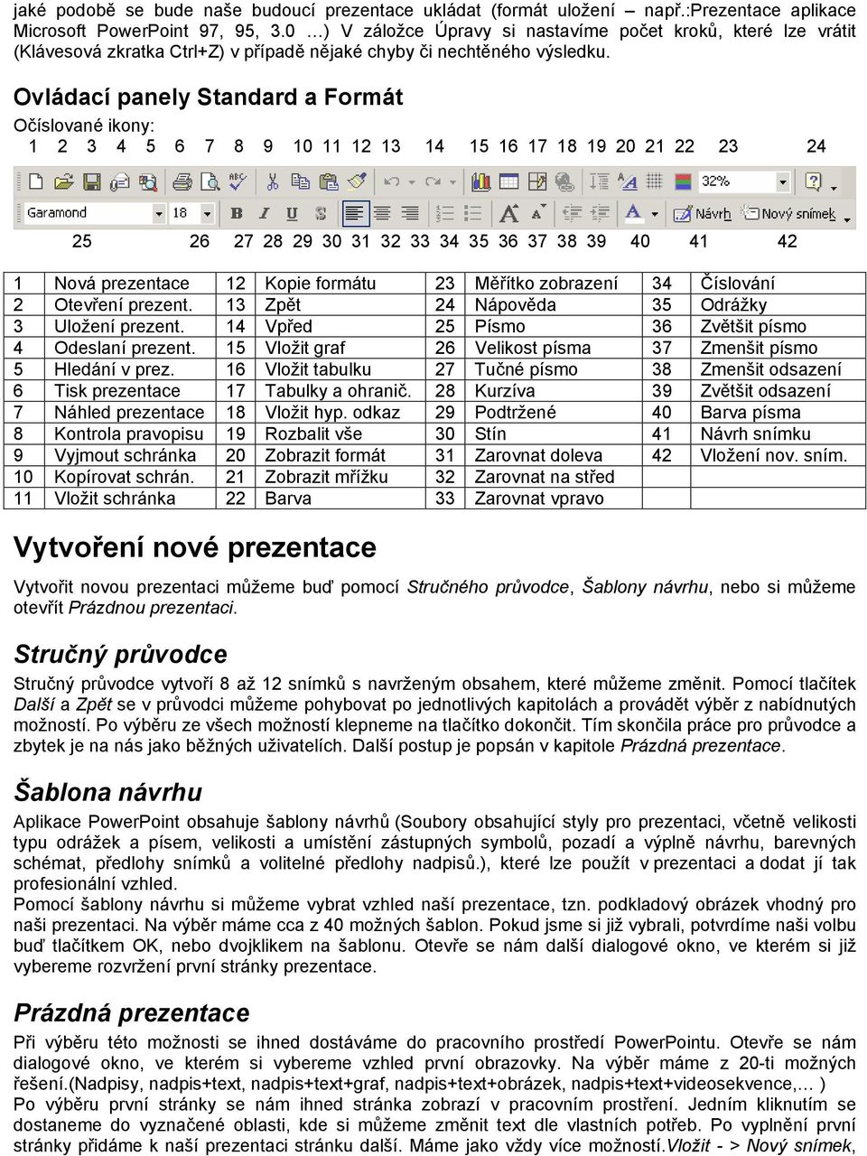 Ovládací panely Standard a Formát Očíslované ikony: 1 2 3 4 5 6 7 8 9 10 11 12 13 14 15 16 17 18 19 20 21 22 23 24 25 26 27 28 29 30 31 32 33 34 35 36 37 38 39 40 41 42 1 Nová prezentace 12 Kopie