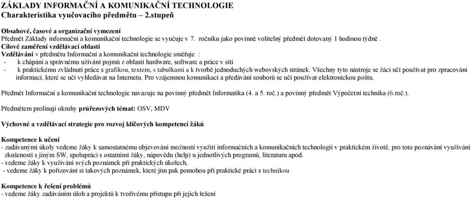 Cílové zaměření vzdělávací oblasti Vzdělávání v předmětu Informační a komunikační technologie směřuje : - k chápání a správnému užívání pojmů z oblasti hardware, software a práce v síti - k